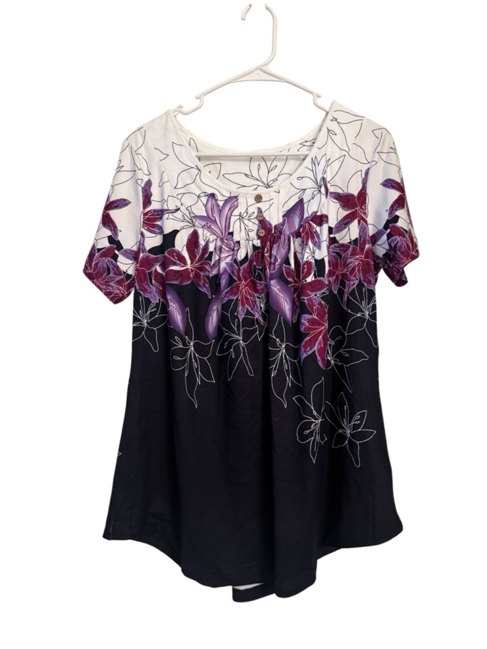 Women's Boho Floral Blouse Size Large | Black Purple‎ Ombre | Flowy Tunic Top